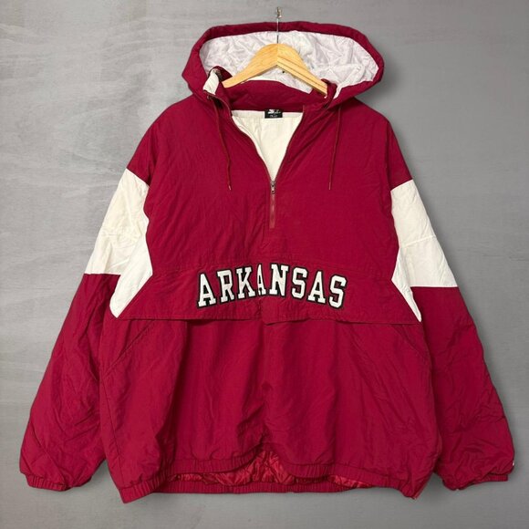 Vintage Arkansas Razorbacks 90s Starter Packable Hood Puffer 1/4 Zip Jacket XL - Picture 1 of 6